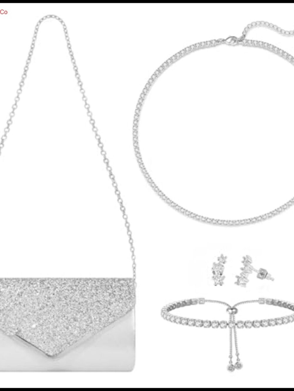 Rhinestone Purse and Jewelry Set 4 Pc Silver Crystal Hobo Bag Necklace Bracelet